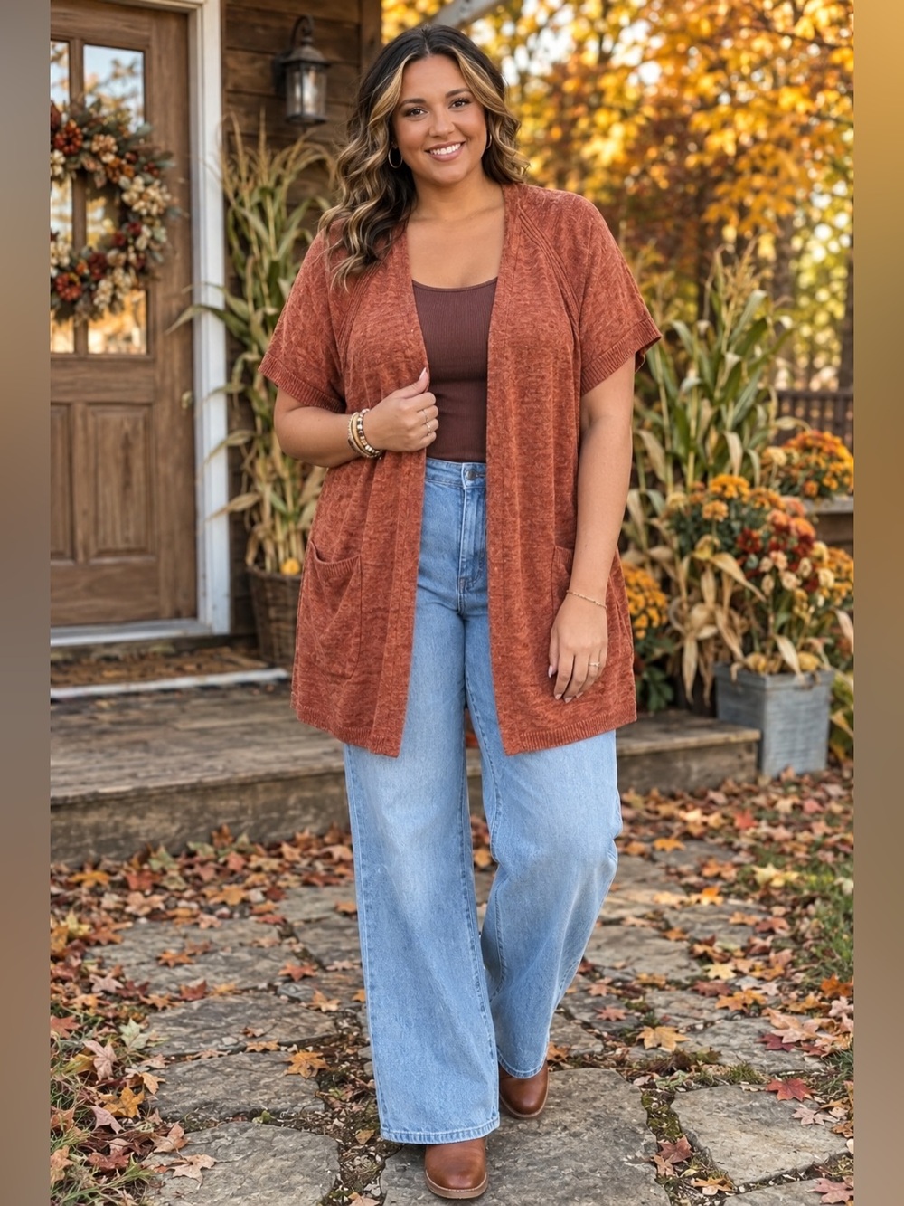 Cozy Rust Open-Front Women's Short Sleeve Cardigan SZ 2XL NWT Cottagecore